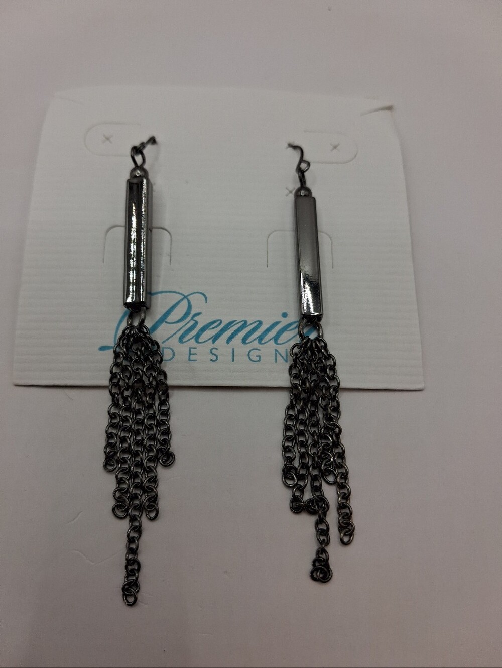 Premier Designs Gunmetal Tone Rectangle Bar Tassel Dangle Hook Earrings 3"